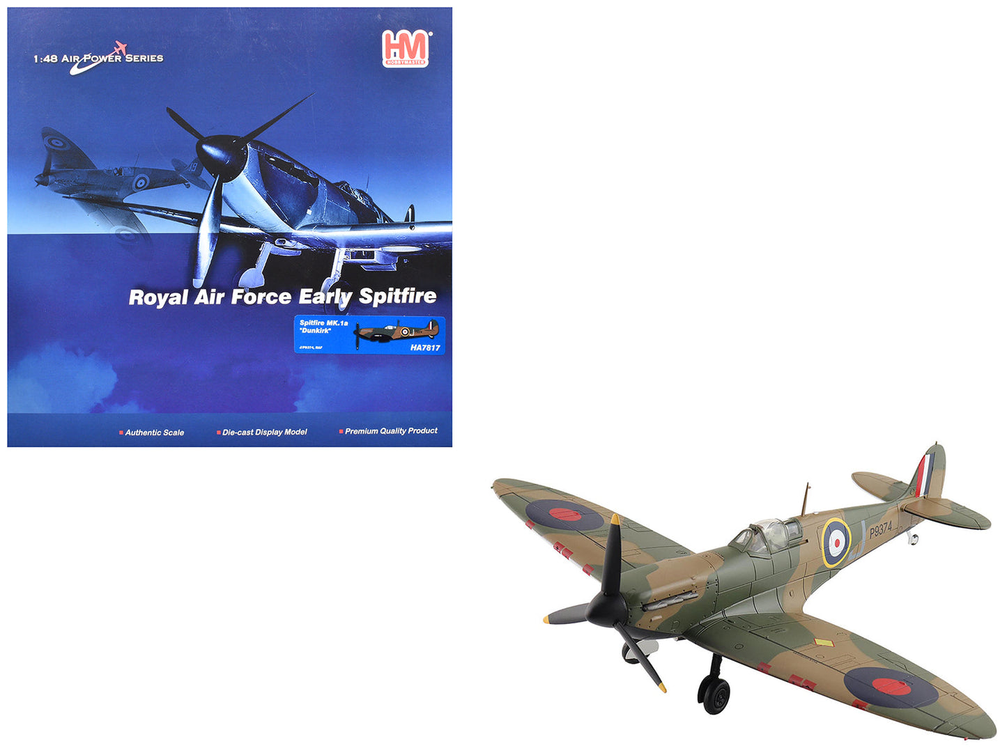 Supermarine Spitfire Mk.1a Fighter Aircraft "J/P9374 Dunkirk" British Royal Air Force "Air Power Series" 1/48 Diecast Model