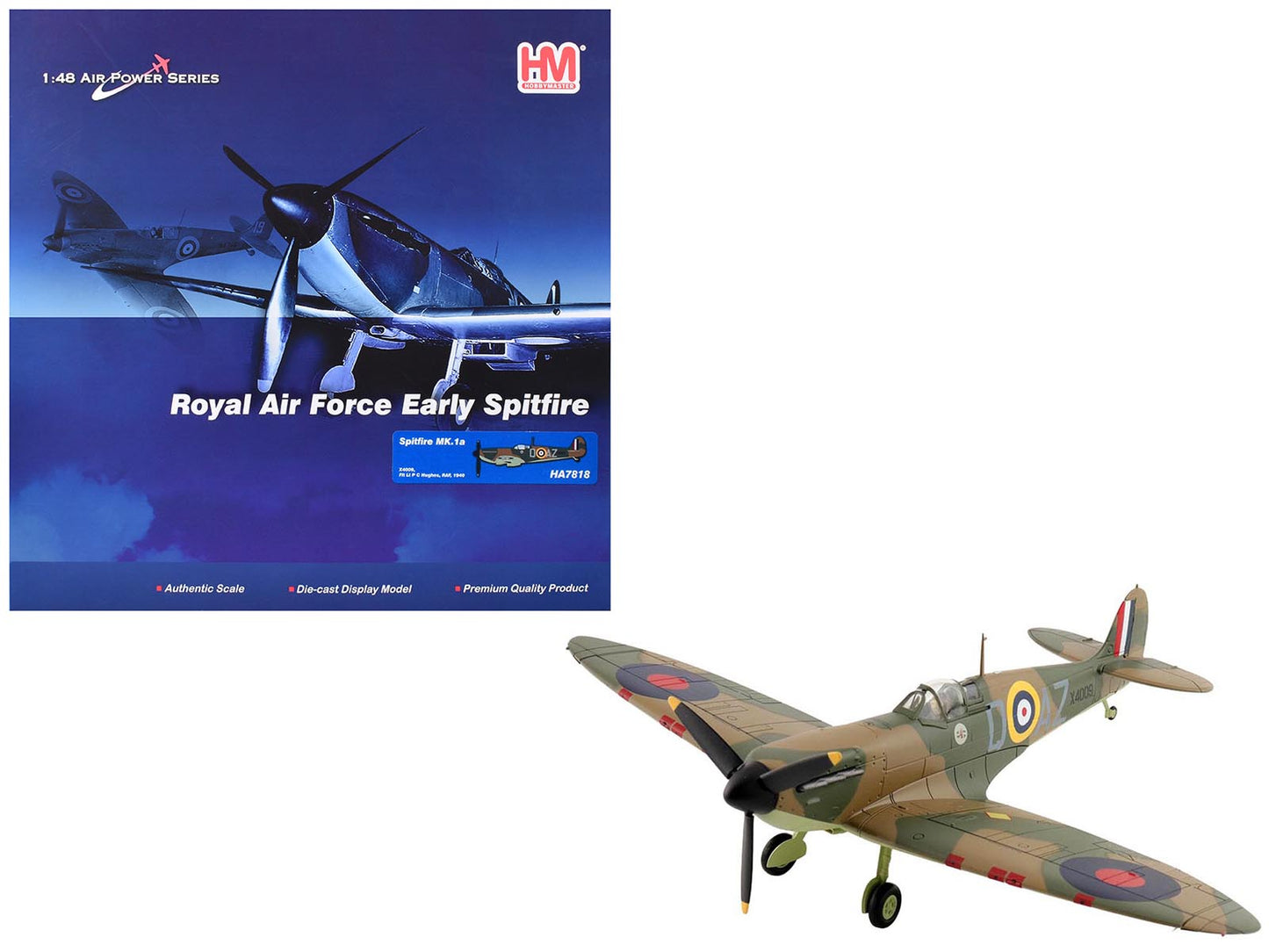 Supermarine Spitfire Mk.1a Fighter Aircraft "X4009 Flight Lieutenant P.C. Hughes" (1940) British Royal Air Force "Air Power Series" 1/48 Diecast Model