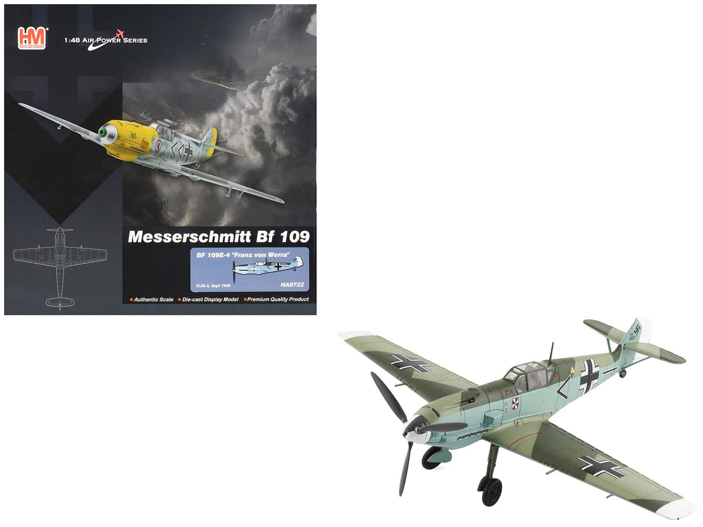 Messerschmitt BF 109E-4 Fighter Aircraft "Franz von Werra II/JG-3" (1940) German Luftwaffe "Air Power Series" 1/48 Diecast Model