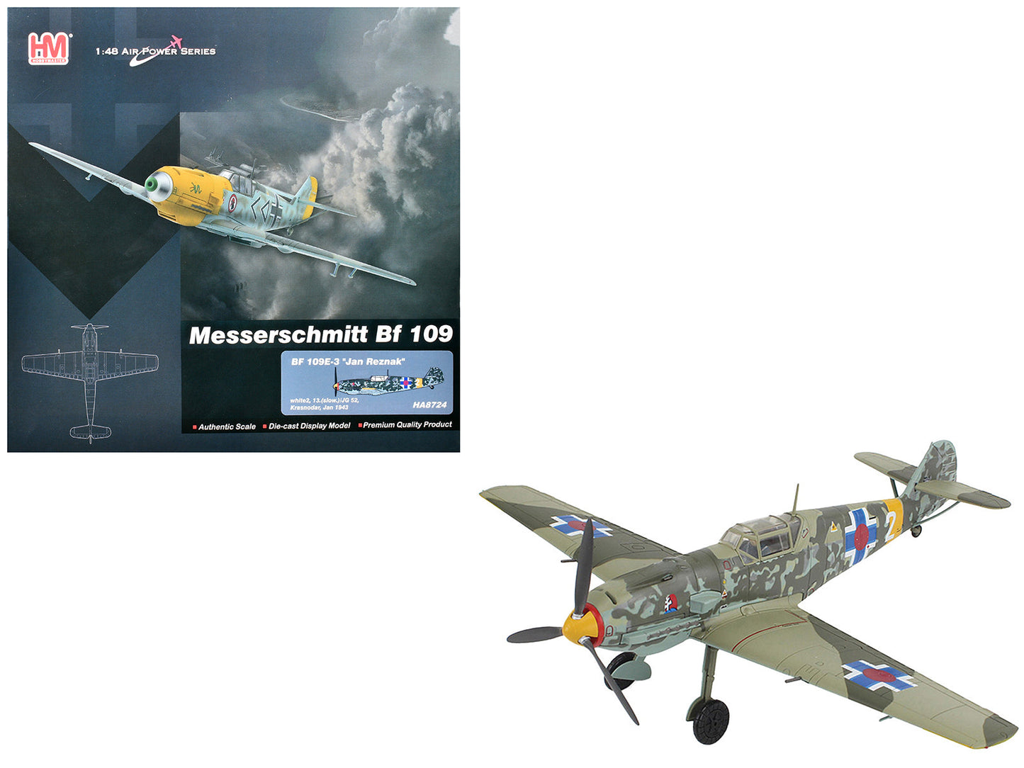 Messerschmitt Bf 109E-3 Fighter Aircraft "White 2 Jan Reznak 13.(slow)/JG 52 Kraznodar USSR" (1943) German Luftwaffe "Air Power Series" 1/48 Diecast Model