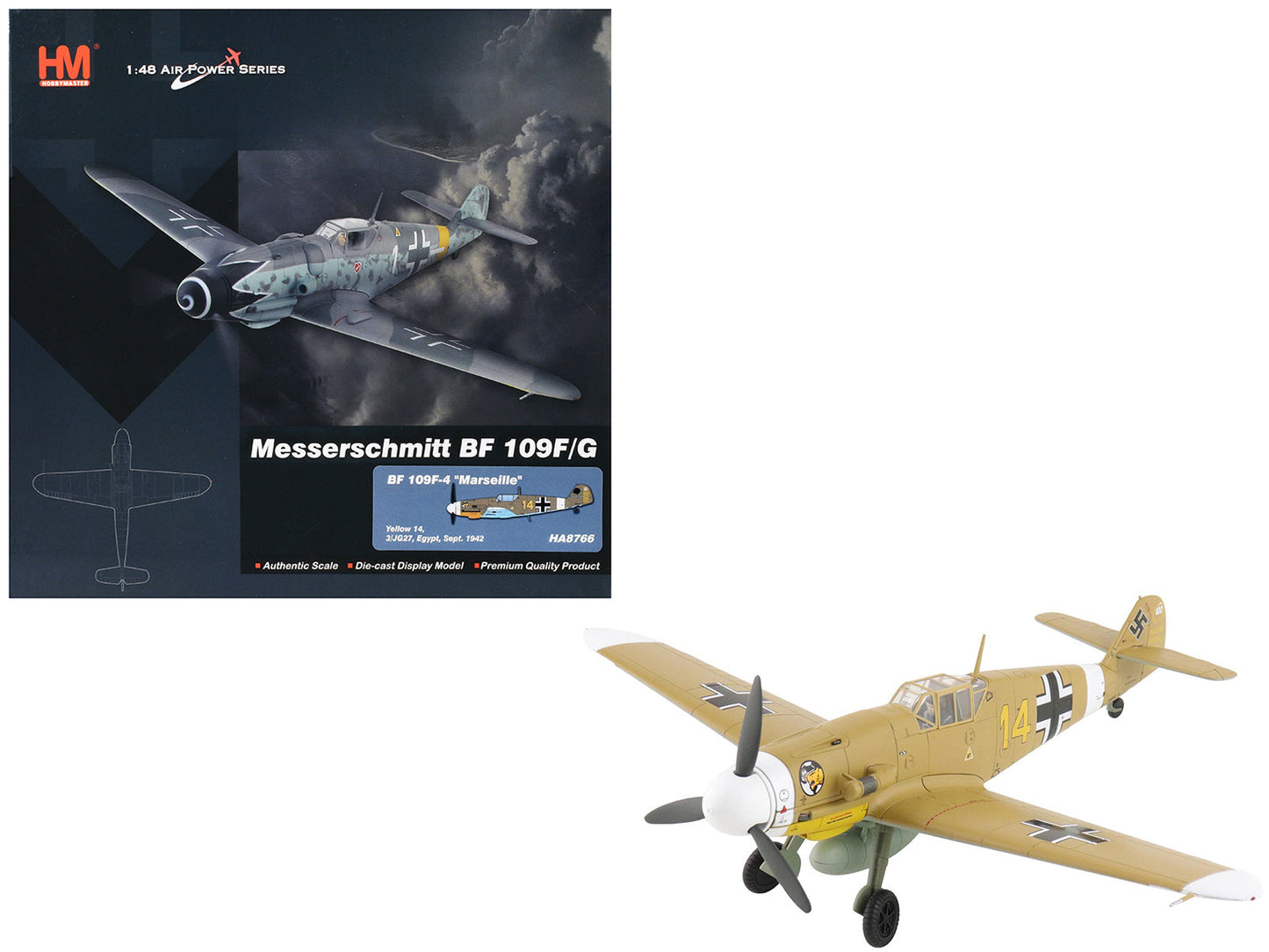 Messerschmitt Bf 109F-4 Fighter Aircraft "Marseille Yellow 14 3./JG27 Egypt" (1942) German Luftwaffe "Air Power Series" 1/48 Diecast Model