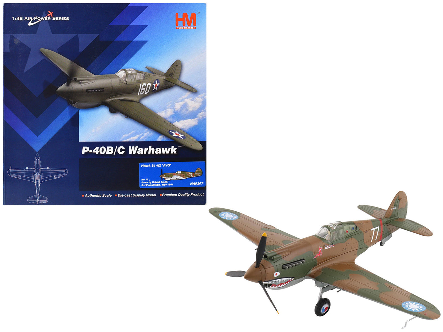 Curtiss P-40B Hawk 81-A2 Fighter-Bomber Aircraft "No.77 Robert Smith 3rd Pursuit Squadron" (1941) American Volunteer Group in China "Air Power Series" 1/48 Diecast Model