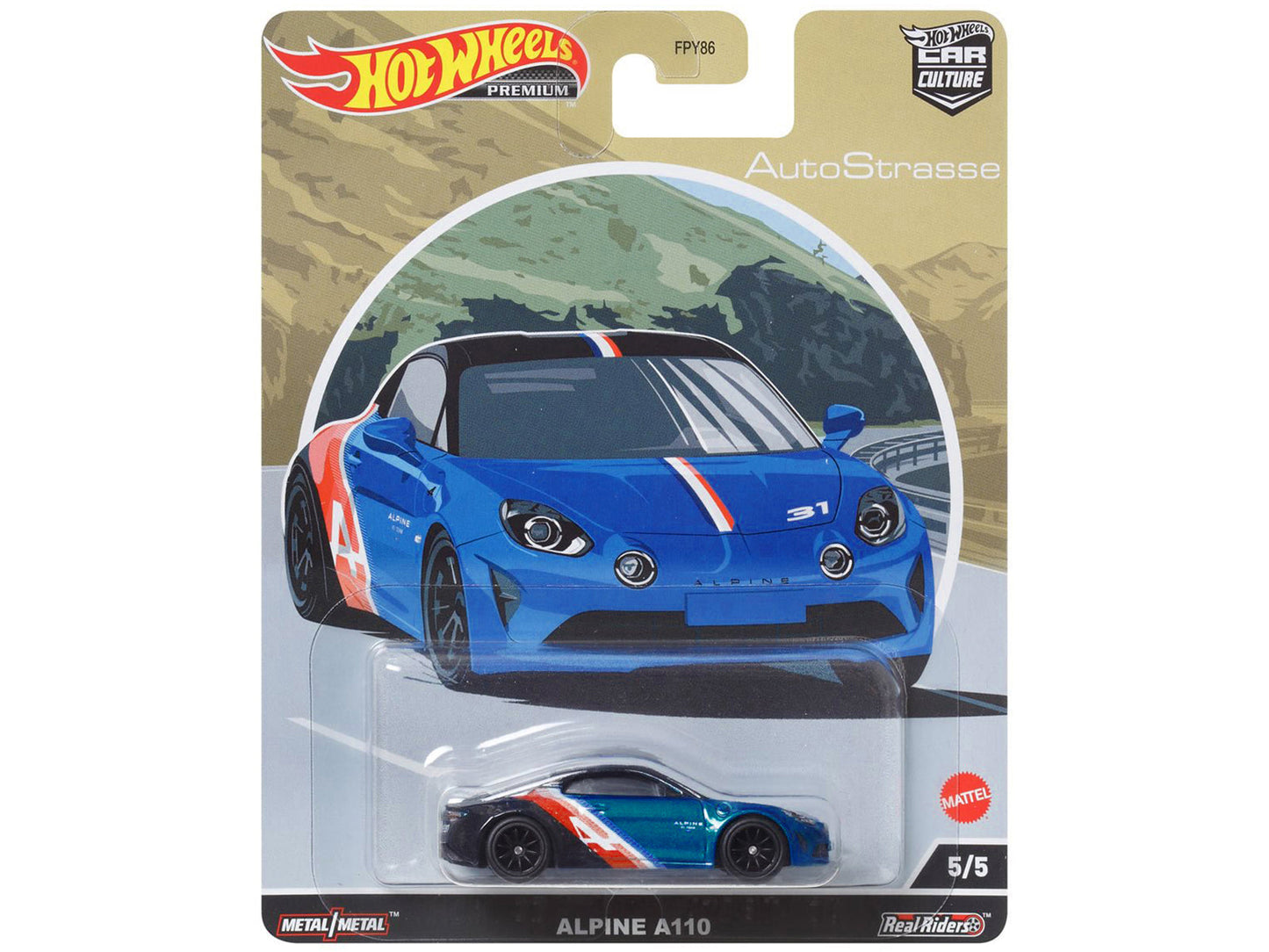 Alpine A110 Blue Metallic and Black with Graphics "Auto Strasse" Series Diecast Model Car