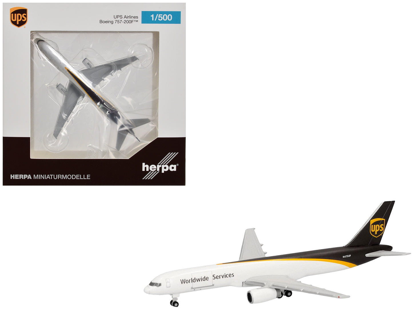 Boeing 757-200F Commercial Aircraft "UPS Worldwide Service" (N475UP) White with Brown Tail 1/500 Diecast Model Airplane