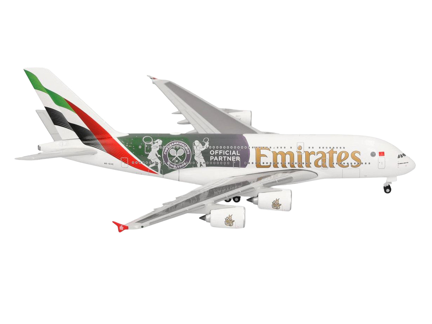 Airbus A380-800 Commercial Aircraft "Emirates Airlines - Wimbledon Official Partner" (A6-EOE) White with Graphics 1/500 Diecast Model Airplane