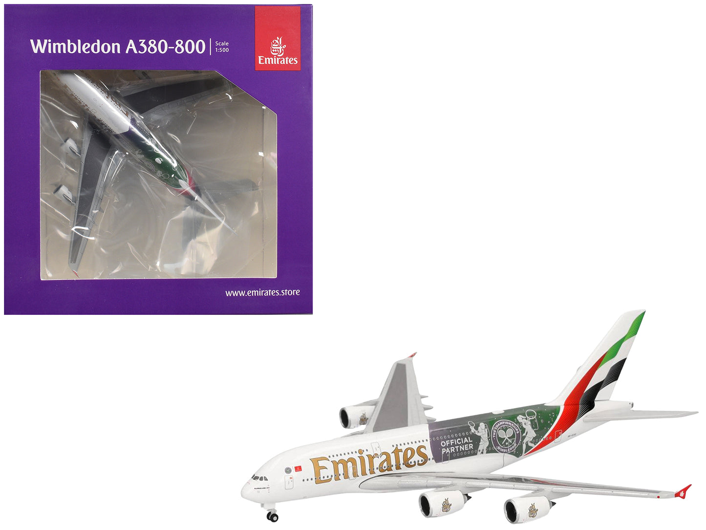 Airbus A380-800 Commercial Aircraft "Emirates Airlines - Wimbledon Official Partner" (A6-EOE) White with Graphics 1/500 Diecast Model Airplane