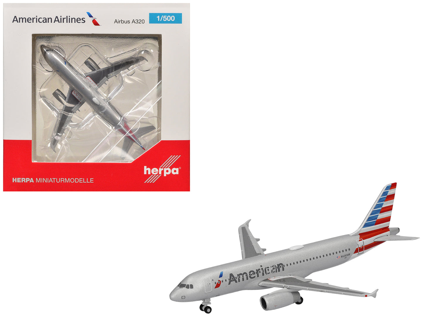 Airbus A320 Commercial Aircraft "American Airlines" (N680AW) Silver with Blue and Red Tail 1/500 Diecast Model Airplane