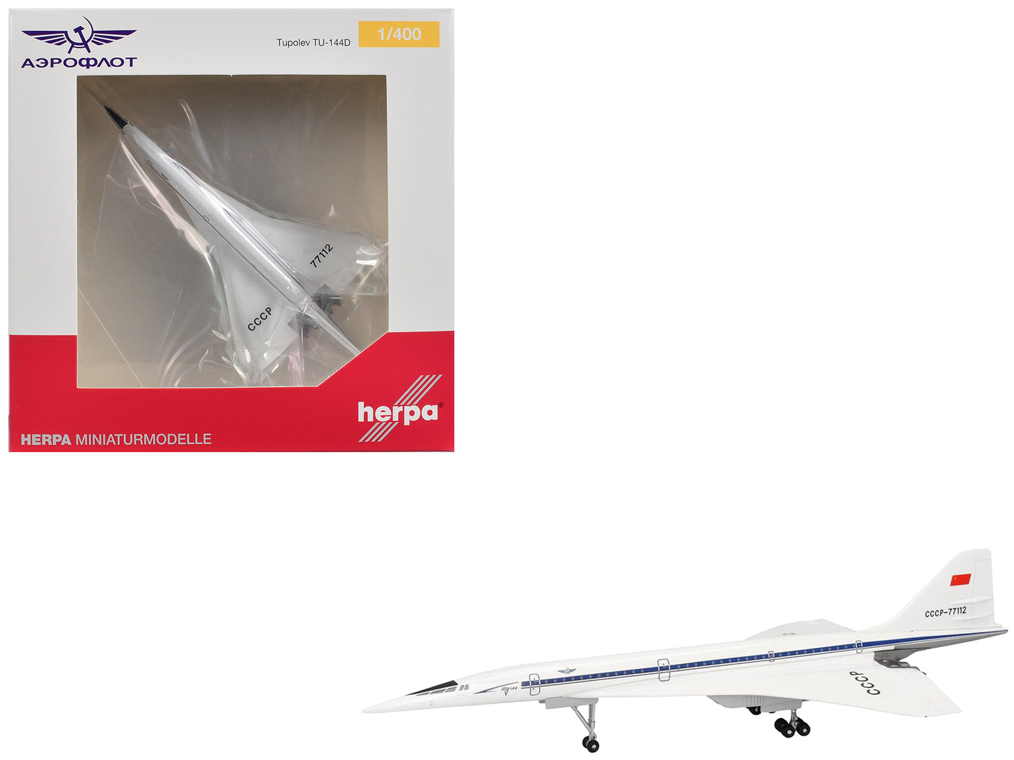 Tupolev Tu-144D Commercial Aircraft "Aeroflt - Technik Museum Sinsheim" (CCCP-77112) White with Blue Stripes 1/400 Diecast Model Airplane