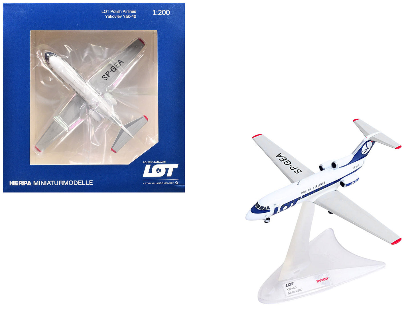 Yakovlev Yak-40 Commercial Aircraft "LOT Polish Airlines" (SP-GEA) White with Blue Stripes and Tail 1/200 Diecast Model