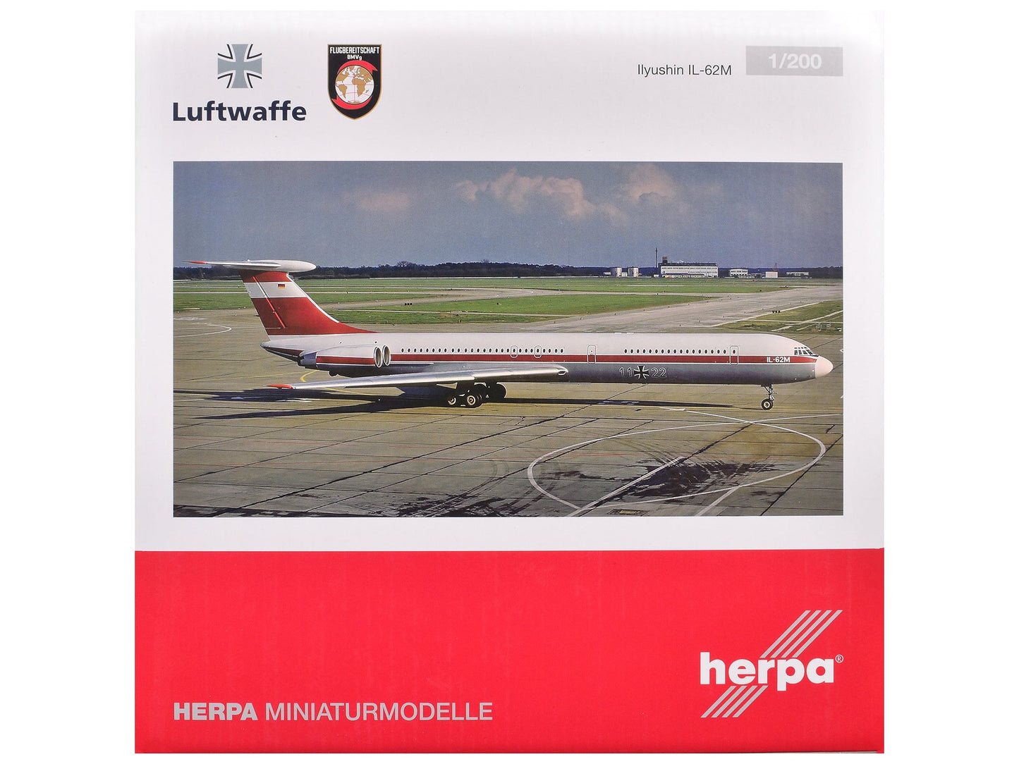 Ilyushin IL-62M Commercial Aircraft "German Luftwaffe" (11+22) White with Red Stripes 1/200 Diecast Model Airplane