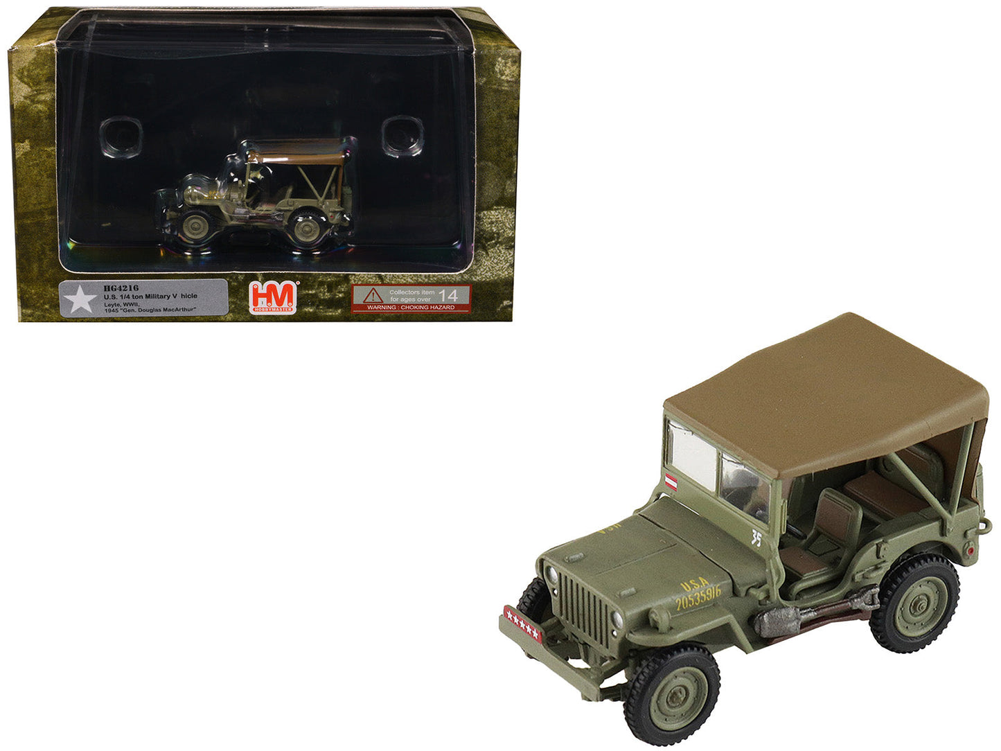 U.S. 1/4 ton Military Vehicle Olive Drab "Gen. Douglas MacArthur Leyte WWII" (1945) United States Army "Ground Power Series" 1/72 Diecast Model