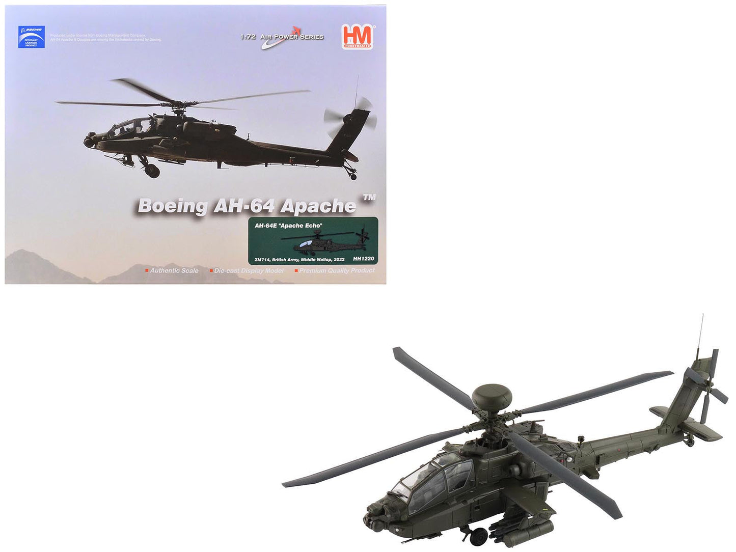 Boeing AH-64E Apache Echo Attack Helicopter "ZM714 Middle Wallop" (2022) British Army "Air Power Series" 1/72 Diecast Model