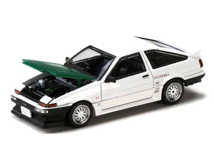 Toyota Sprinter Trueno (AE86) RHD (Right Hand Drive) "Keiichi Tsuchiya - Dori Dori Mesh Wheels" White with Green Carbon Hood 1/64 Diecast Model Car