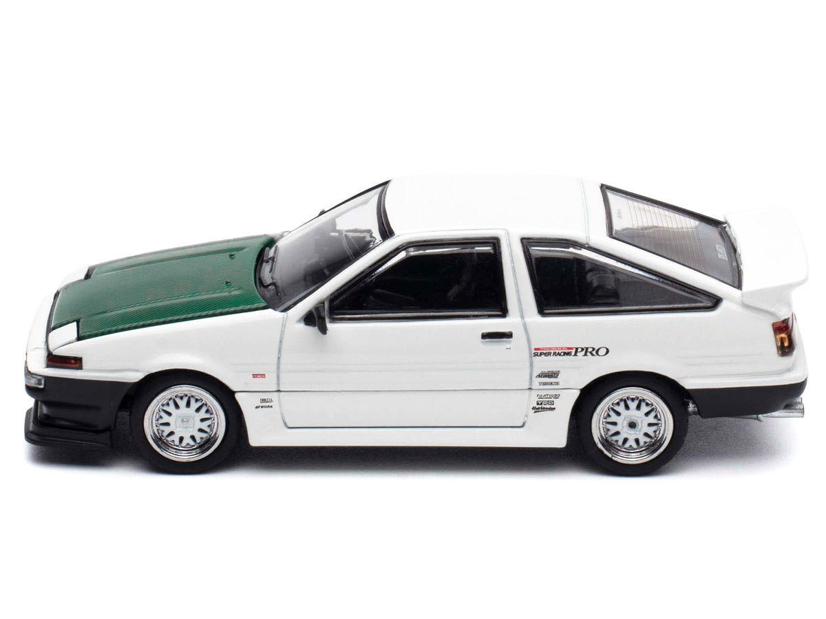 Toyota Sprinter Trueno (AE86) RHD (Right Hand Drive) "Keiichi Tsuchiya - Dori Dori Mesh Wheels" White with Green Carbon Hood 1/64 Diecast Model Car