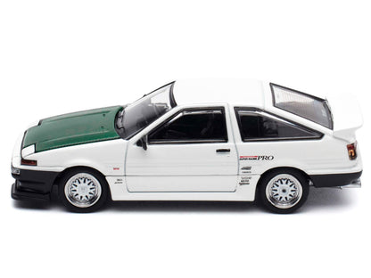 Toyota Sprinter Trueno (AE86) RHD (Right Hand Drive) "Keiichi Tsuchiya - Dori Dori Mesh Wheels" White with Green Carbon Hood 1/64 Diecast Model Car
