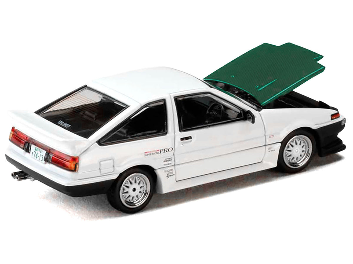 Toyota Sprinter Trueno (AE86) RHD (Right Hand Drive) "Keiichi Tsuchiya - Dori Dori Mesh Wheels" White with Green Carbon Hood 1/64 Diecast Model Car