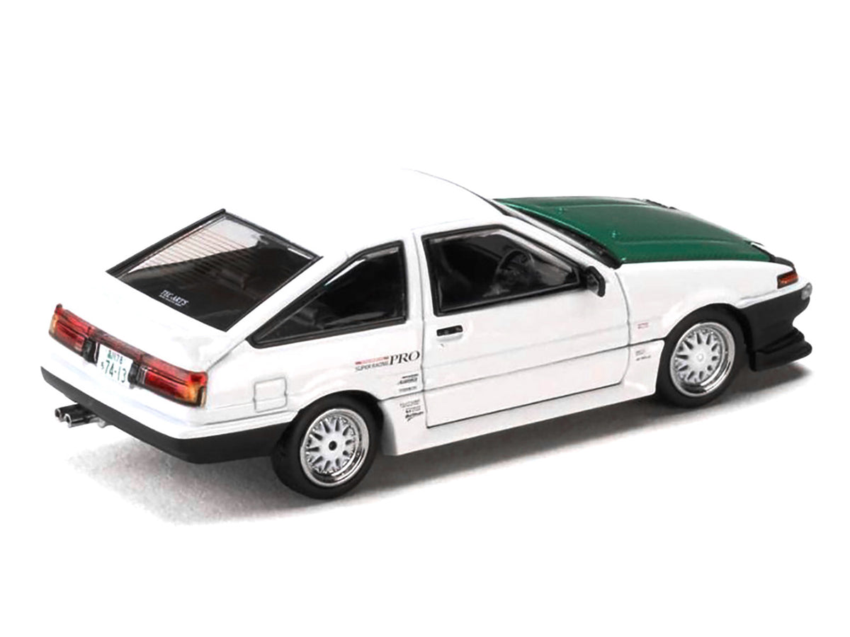 Toyota Sprinter Trueno (AE86) RHD (Right Hand Drive) "Keiichi Tsuchiya - Dori Dori Mesh Wheels" White with Green Carbon Hood 1/64 Diecast Model Car