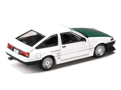 Toyota Sprinter Trueno (AE86) RHD (Right Hand Drive) "Keiichi Tsuchiya - Dori Dori Mesh Wheels" White with Green Carbon Hood 1/64 Diecast Model Car