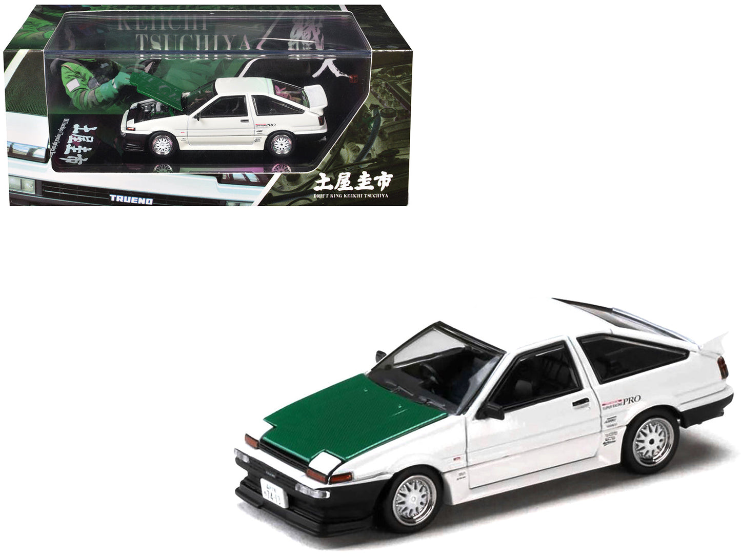 Toyota Sprinter Trueno (AE86) RHD (Right Hand Drive) "Keiichi Tsuchiya - Dori Dori Mesh Wheels" White with Green Carbon Hood 1/64 Diecast Model Car