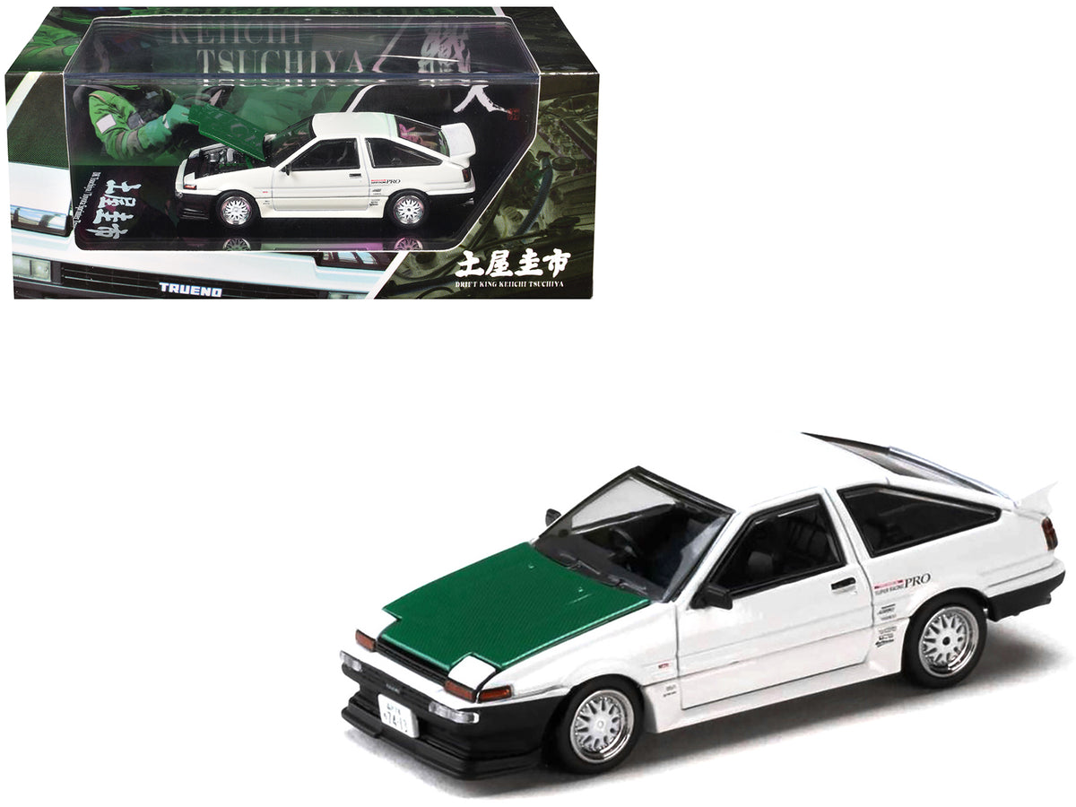 Toyota Sprinter Trueno (AE86) RHD (Right Hand Drive) "Keiichi Tsuchiya - Dori Dori Mesh Wheels" White with Green Carbon Hood 1/64 Diecast Model Car