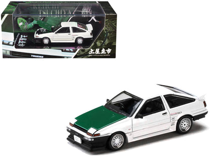 Toyota Sprinter Trueno (AE86) RHD (Right Hand Drive) "Keiichi Tsuchiya - Dori Dori Mesh Wheels" White with Green Carbon Hood 1/64 Diecast Model Car