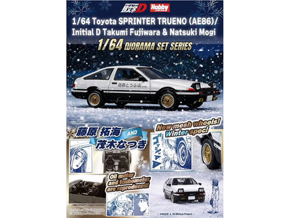 Toyota Sprinter Trueno (AE86) RHD (Right Hand Drive) White with Black Stripes "Takumi Fujiwara & Natsuki Mogi - Initial D" (1995-2013) Manga "Diorama Set Series" 1/64 Diecast Model Car