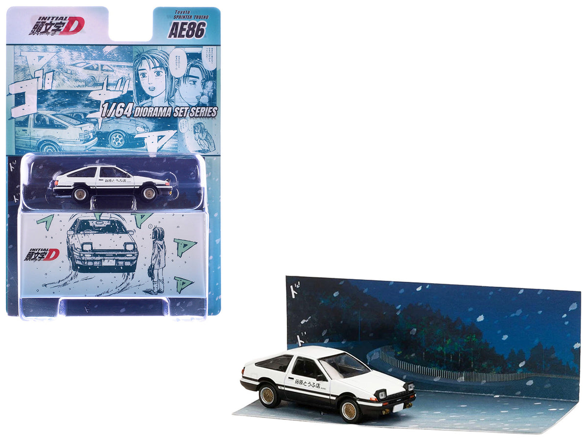 Toyota Sprinter Trueno (AE86) RHD (Right Hand Drive) White with Black Stripes "Takumi Fujiwara & Natsuki Mogi - Initial D" (1995-2013) Manga "Diorama Set Series" 1/64 Diecast Model Car
