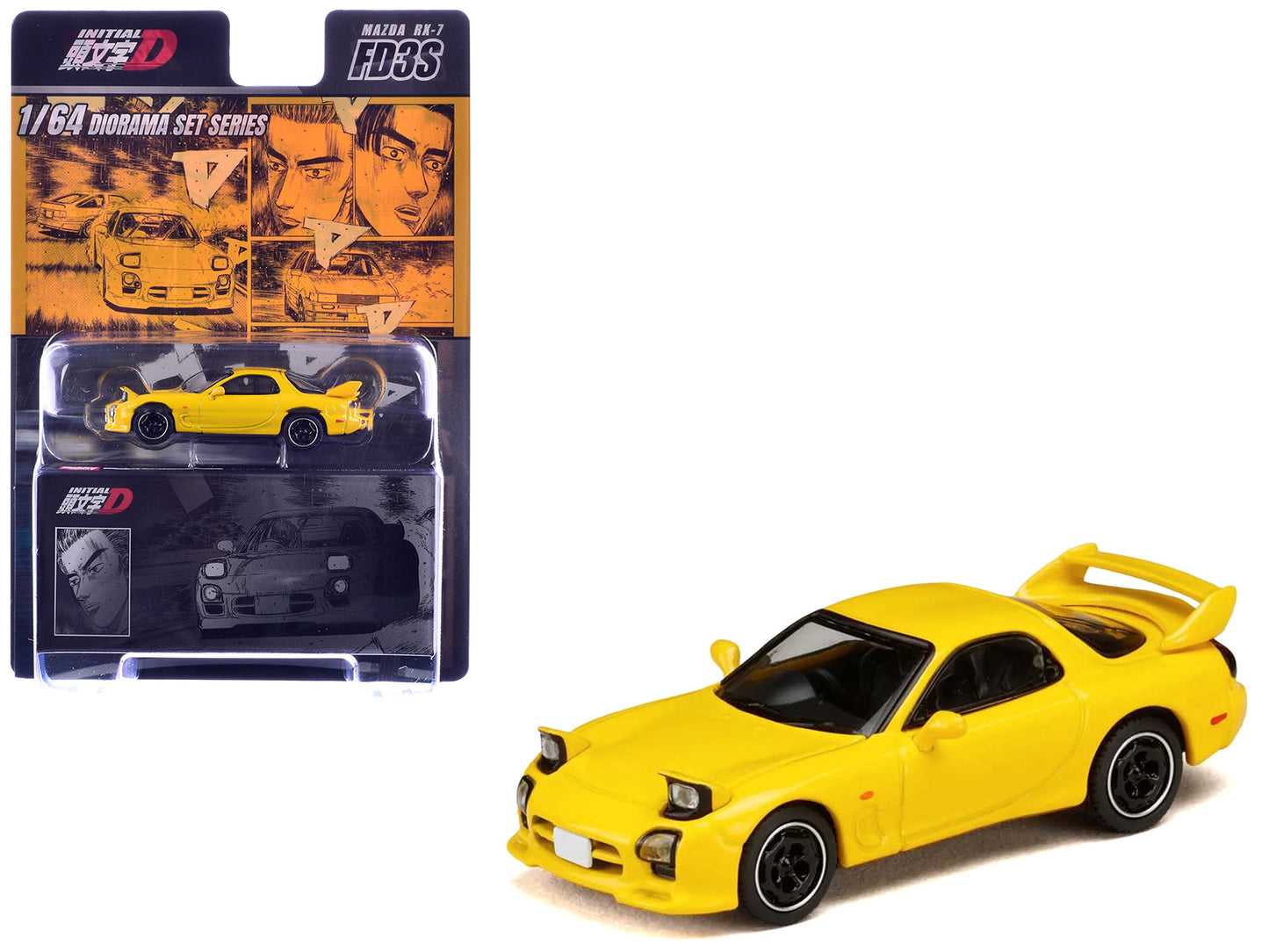 Mazda RX-7 (FD3S) RHD (Right Hand Drive) Yellow "Initial D" (1995-2013) Manga "Diorama Set Series" 1/64 Diecast Model Car