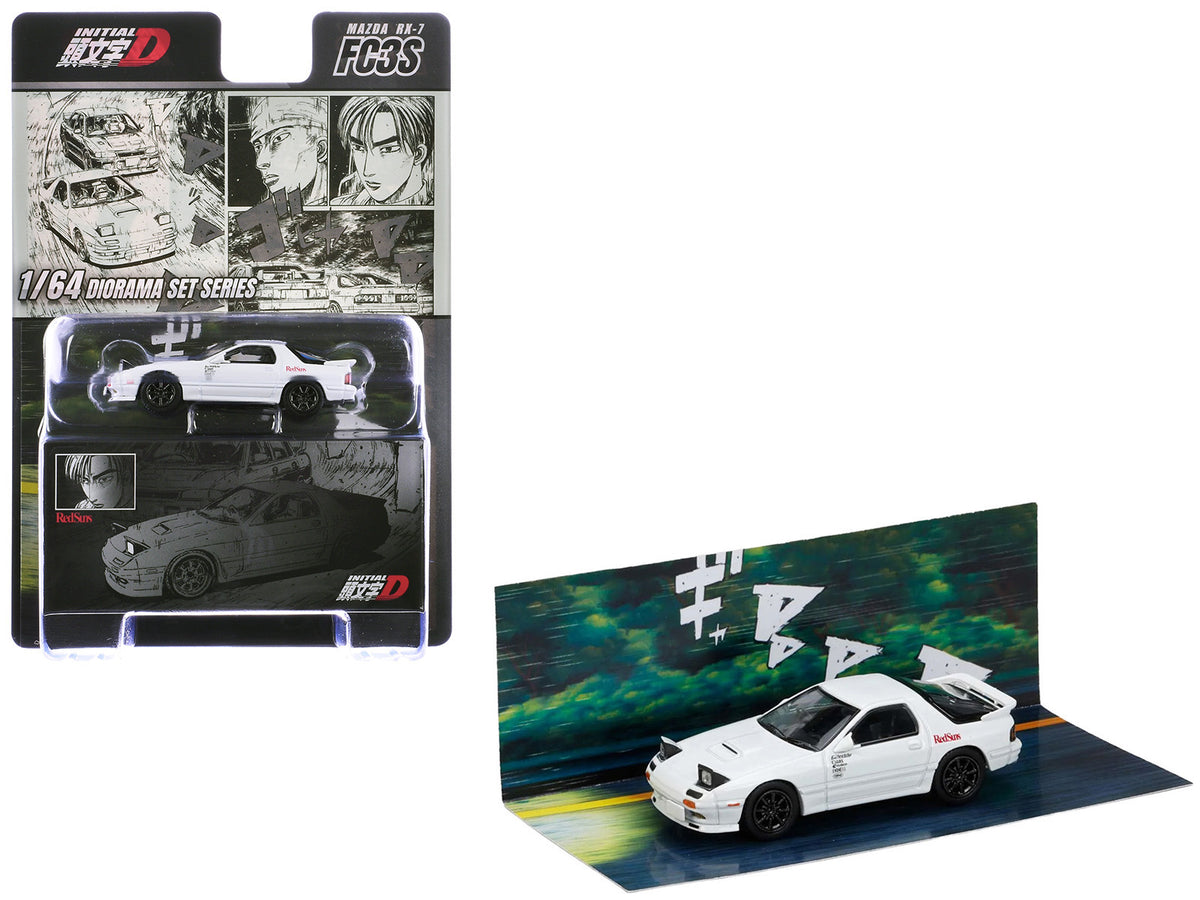 Mazda RX-7 (FC3S) RHD (Right Hand Drive) "RedSuns" White "Ryosuke Takahashi VS Kyoichi Sudou - Initial D" (1995-2013) Manga "Diorama Set Series" 1/64 Diecast Model Car