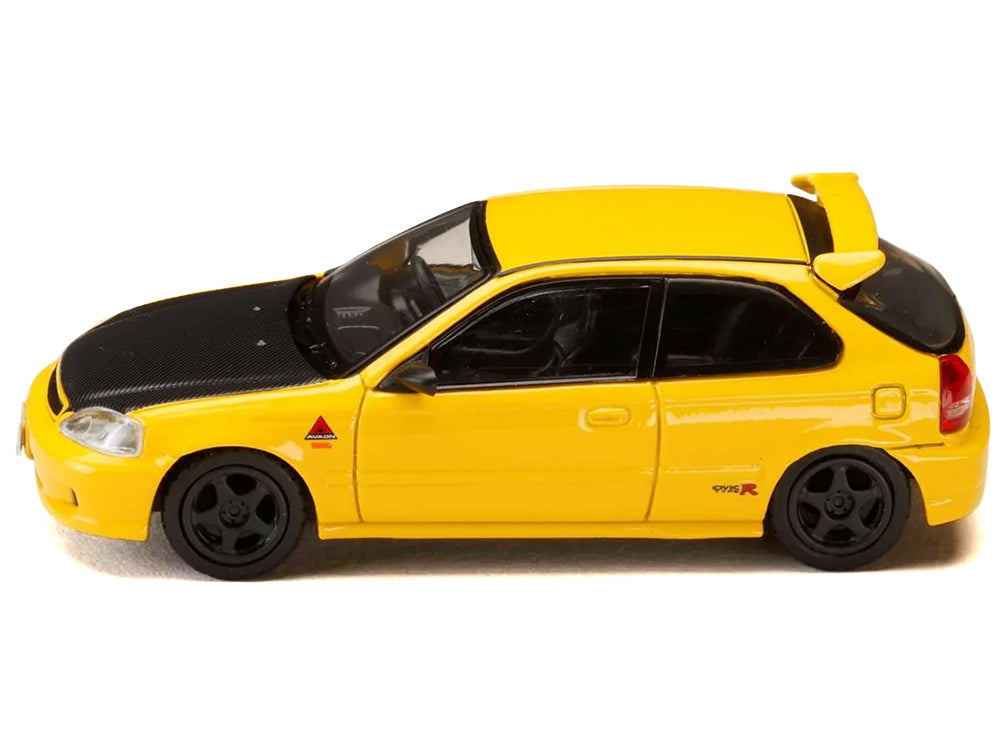 Honda Civic (EK9) RHD (Right Hand Drive) Yellow with Carbon Hood "Initial D" (1995-2013) Manga "Diorama Set Series" 1/64 Diecast Model car