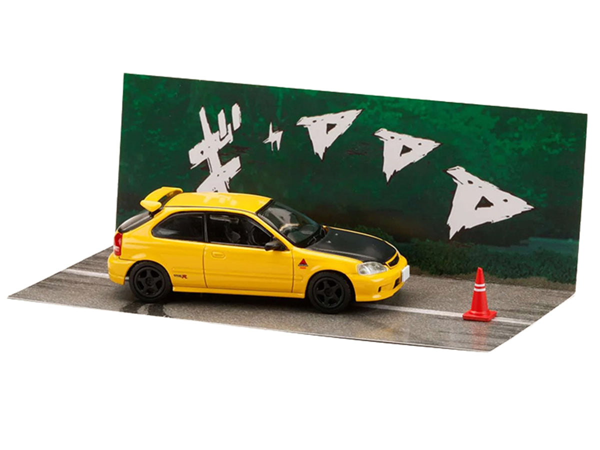 Honda Civic (EK9) RHD (Right Hand Drive) Yellow with Carbon Hood "Initial D" (1995-2013) Manga "Diorama Set Series" 1/64 Diecast Model car
