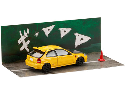 Honda Civic (EK9) RHD (Right Hand Drive) Yellow with Carbon Hood "Initial D" (1995-2013) Manga "Diorama Set Series" 1/64 Diecast Model car