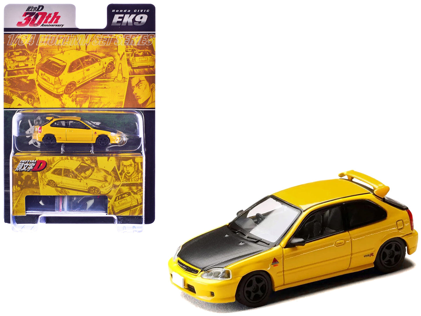 Honda Civic (EK9) RHD (Right Hand Drive) Yellow with Carbon Hood "Initial D" (1995-2013) Manga "Diorama Set Series" 1/64 Diecast Model car