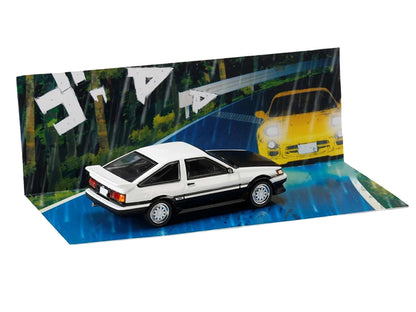 Toyota Corolla Levin (AE86) RHD (Right Hand Drive) White with Carbon Hood "Initial D" (1995-2013) Manga "Diorama Set Series" 1/64 Diecast Model Car