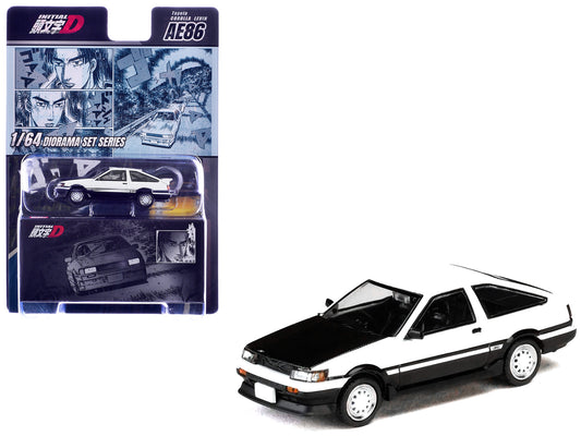Toyota Corolla Levin (AE86) RHD (Right Hand Drive) White with Carbon Hood "Initial D" (1995-2013) Manga "Diorama Set Series" 1/64 Diecast Model Car