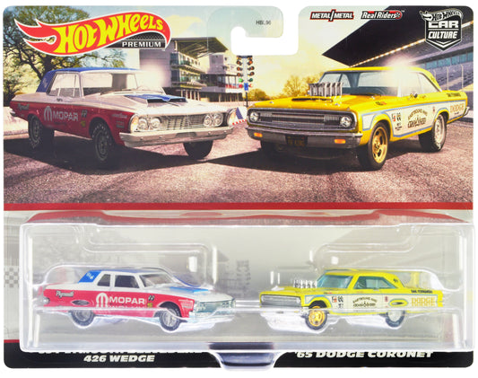1963 Plymouth Belvedere 426 Wedge "MOPAR" White and Red with Blue Top and 1965 Dodge Coronet "Eastbound and Crowned" Yellow and White "Car Culture" Set of 2 Cars Diecast Model Cars