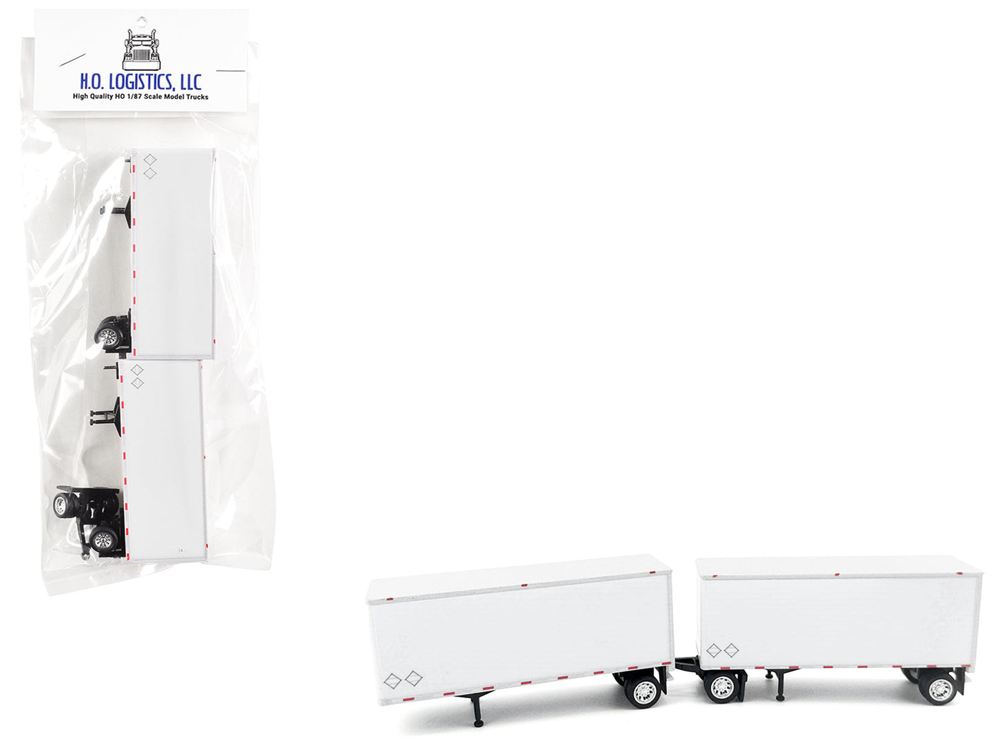28' Dry Van Double Pup Trailers White Set of 2 pieces 1/87 (HO) Scale Plastic Model