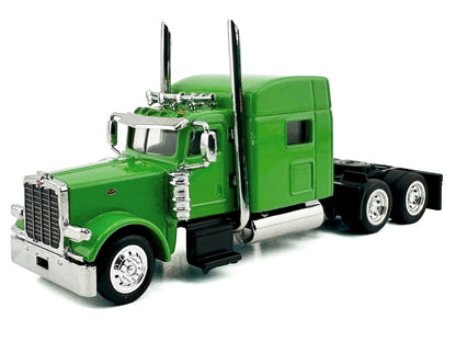 Peterbilt 389 Truck Tractor with Sleeper Cab Lime Green and Low Boy Flatbed Trailer Black Combo Set 1/87 (HO) Plastic Model Car