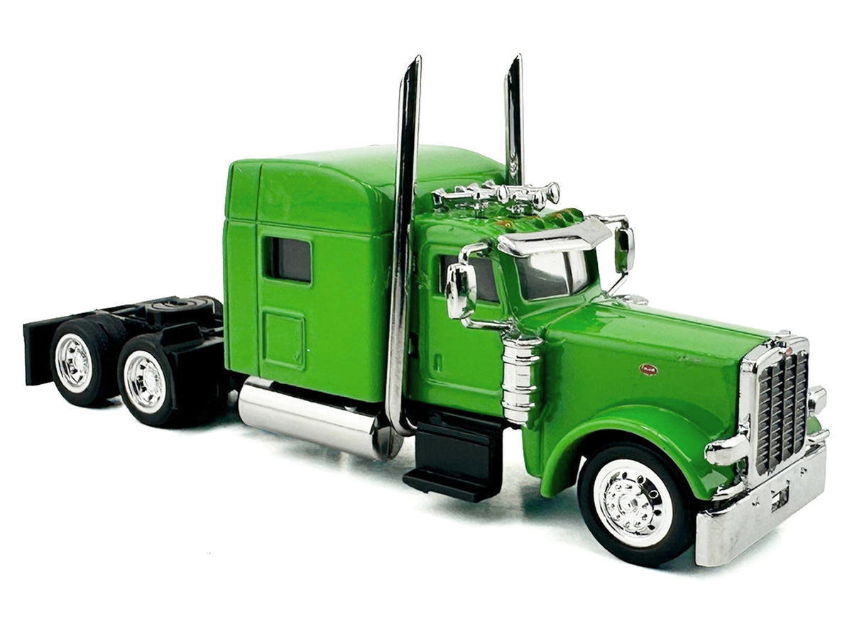 Peterbilt 389 Truck Tractor with Sleeper Cab Lime Green and Low Boy Flatbed Trailer Black Combo Set 1/87 (HO) Plastic Model Car