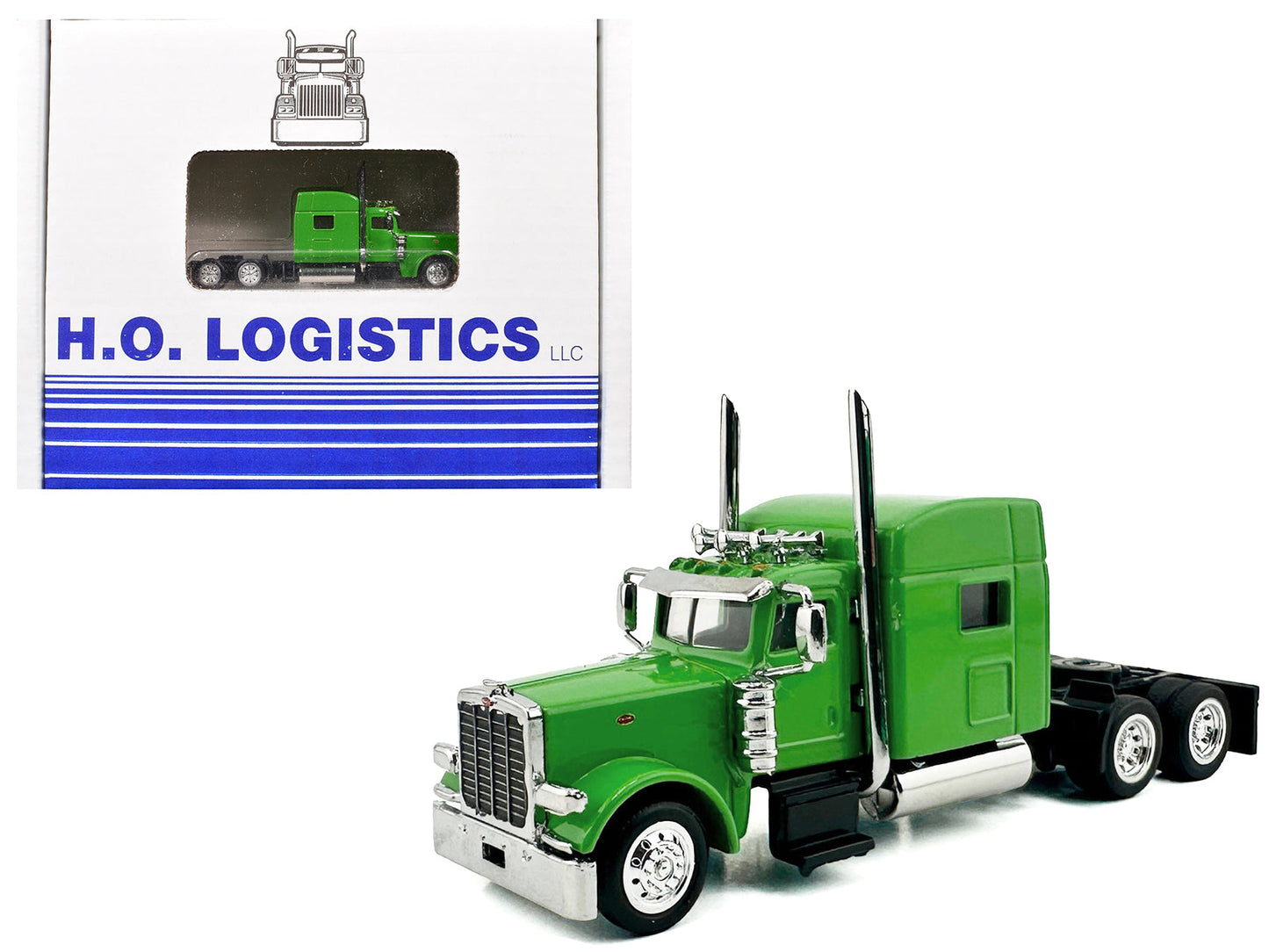Peterbilt 389 Truck Tractor with Sleeper Cab Lime Green and Low Boy Flatbed Trailer Black Combo Set 1/87 (HO) Plastic Model Car