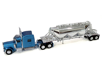 Peterbilt 389 Truck Tractor with Sleeper Cab Blue Metallic and Pneumatic Tank Trailer Chrome Combo Set 1/87 (HO) Plastic Model Car