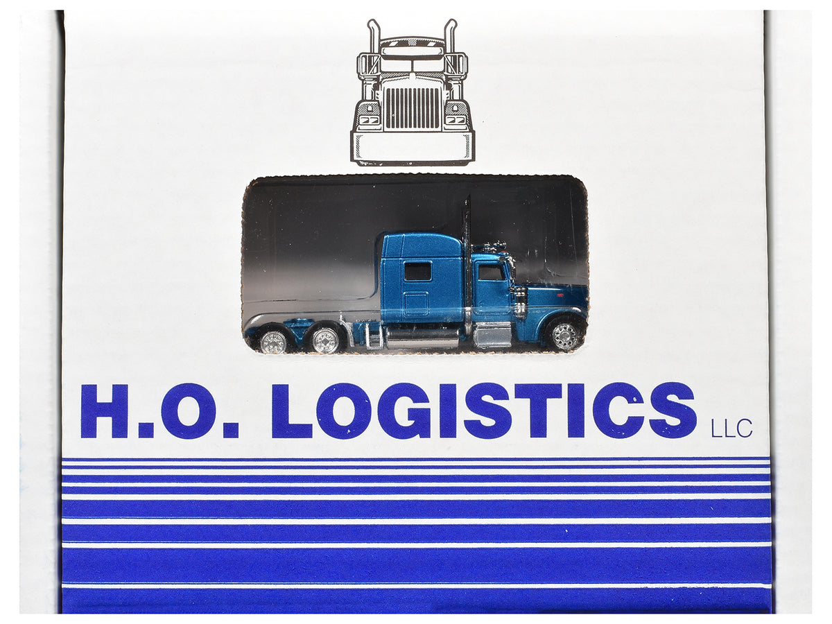Peterbilt 389 Truck Tractor with Sleeper Cab Blue Metallic and Pneumatic Tank Trailer Chrome Combo Set 1/87 (HO) Plastic Model Car