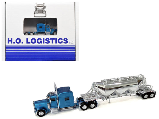 Peterbilt 389 Truck Tractor with Sleeper Cab Blue Metallic and Pneumatic Tank Trailer Chrome Combo Set 1/87 (HO) Plastic Model Car