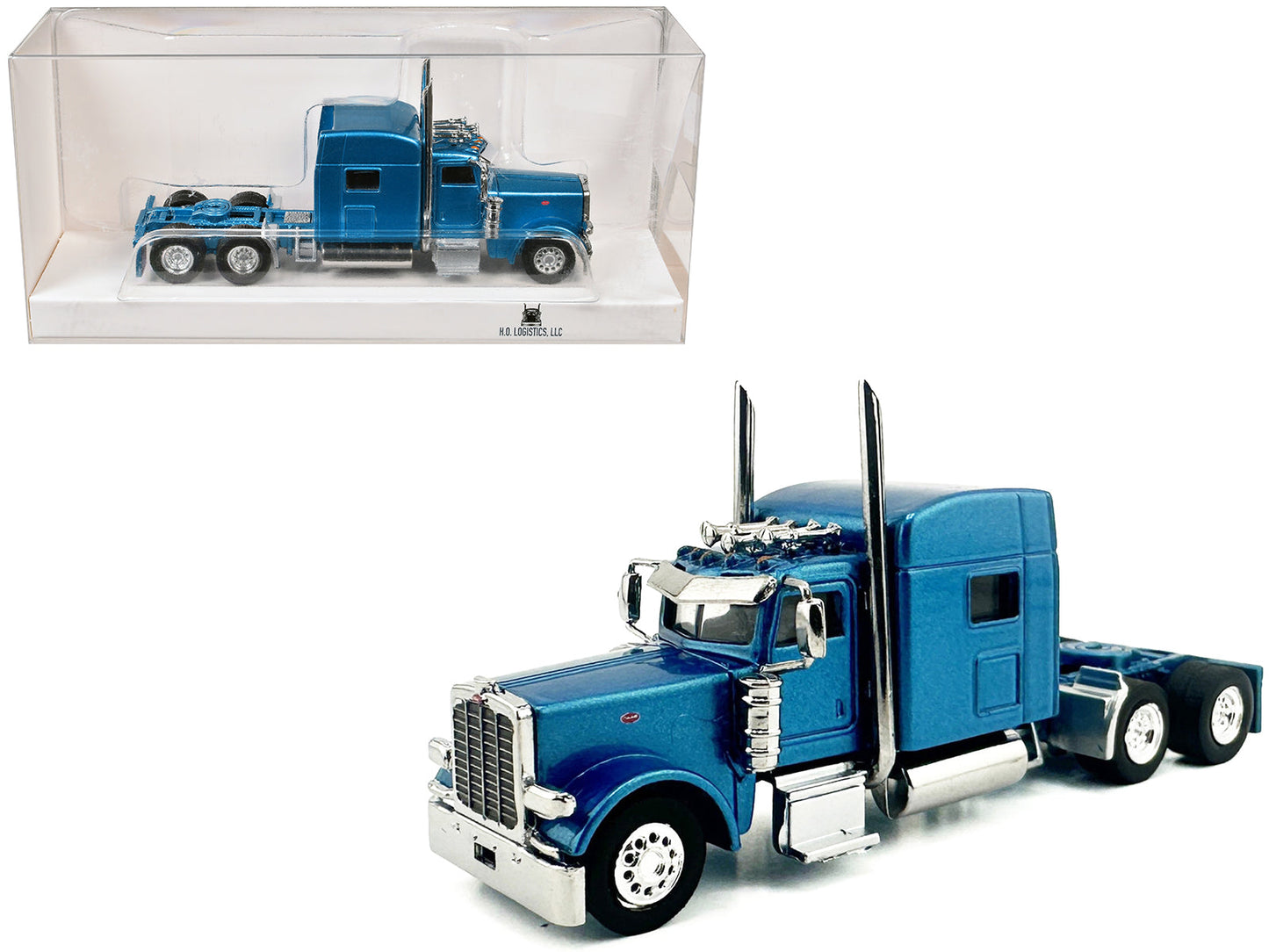 Peterbilt 389 Truck Tractor with Sleeper Cab Blue Metallic 1/87 (HO) Scale Plastic Model Car
