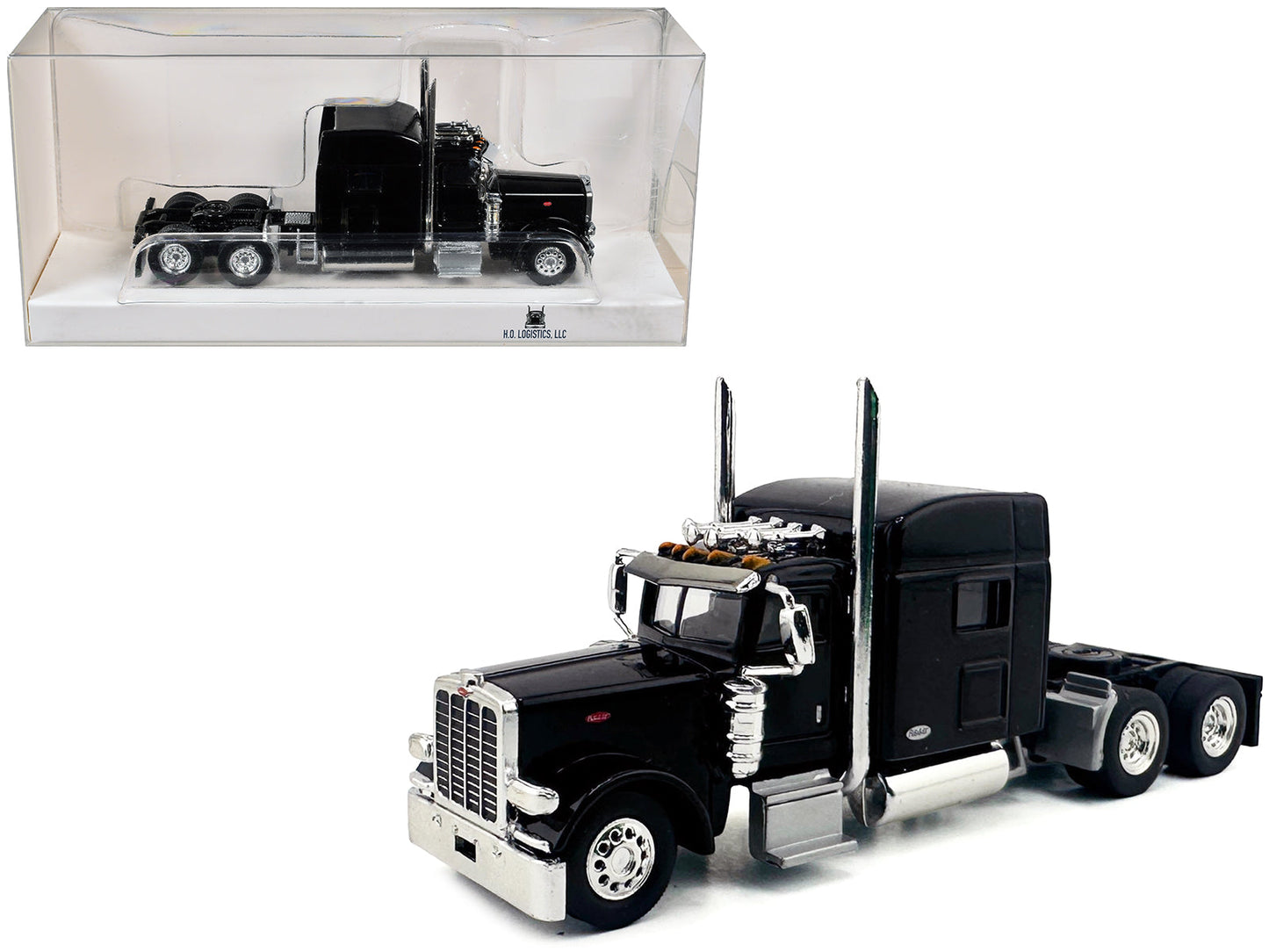Peterbilt 389 Truck Tractor with Sleeper Cab Black 1/87 (HO) Scale Plastic Model Car