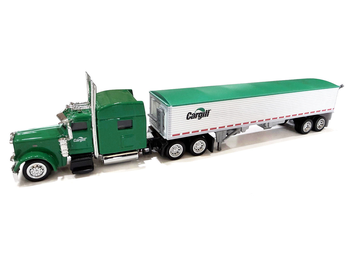 Peterbilt 389 Truck Tractor with Sleeper Cab "Cargill" Green and Covered Grain Trailer White with Green Tarp Combo Set 1/87 (HO) Plastic Model Car