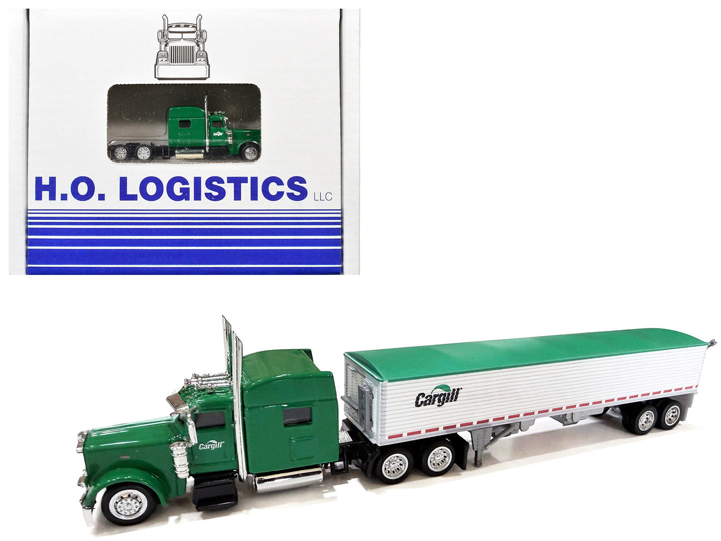 Peterbilt 389 Truck Tractor with Sleeper Cab "Cargill" Green and Covered Grain Trailer White with Green Tarp Combo Set 1/87 (HO) Plastic Model Car