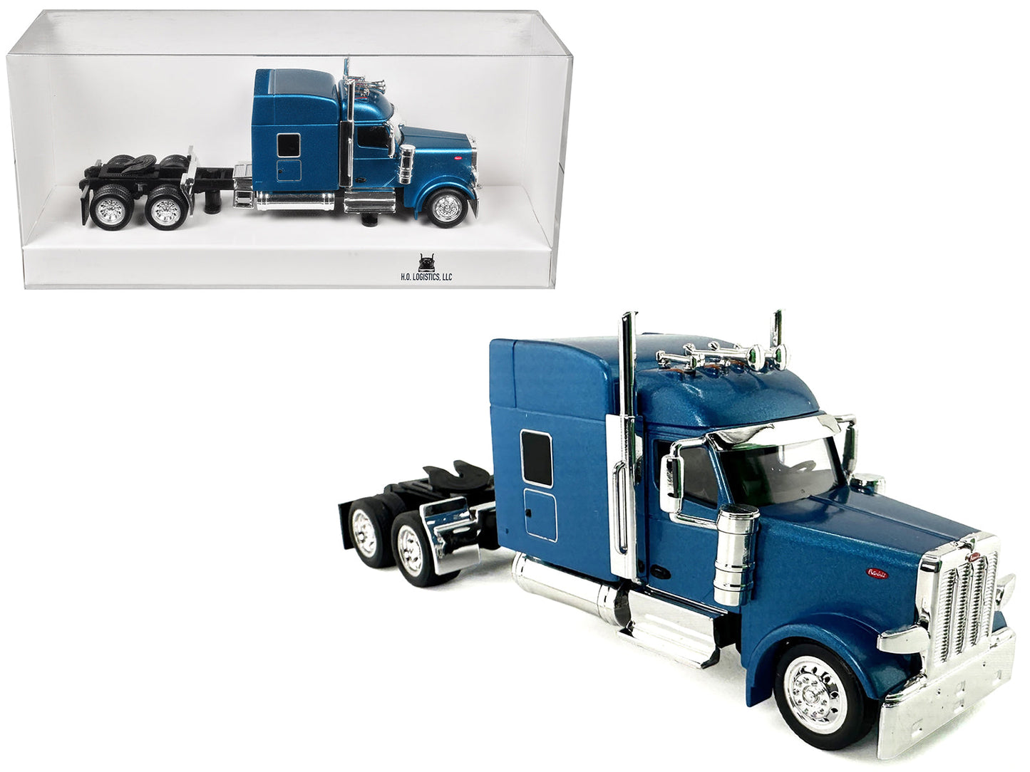 Peterbilt 589 with Stand Up Sleeper Cab Blue Metallic 1/87 (HO) Plastic Model Car