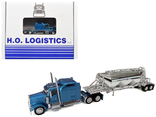Kenworth W900L Truck Tractor with Sleeper Cab Blue Metallic and Pneumatic Tank Trailer Combo Set 1/87(HO) Plastic Model Car