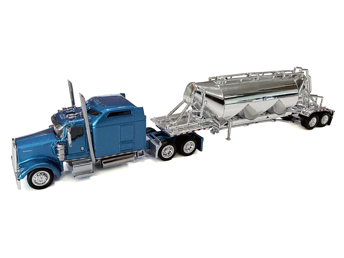 Kenworth W900L Truck Tractor with Sleeper Cab Blue Metallic and Pneumatic Tank Trailer Combo Set 1/87(HO) Plastic Model Car
